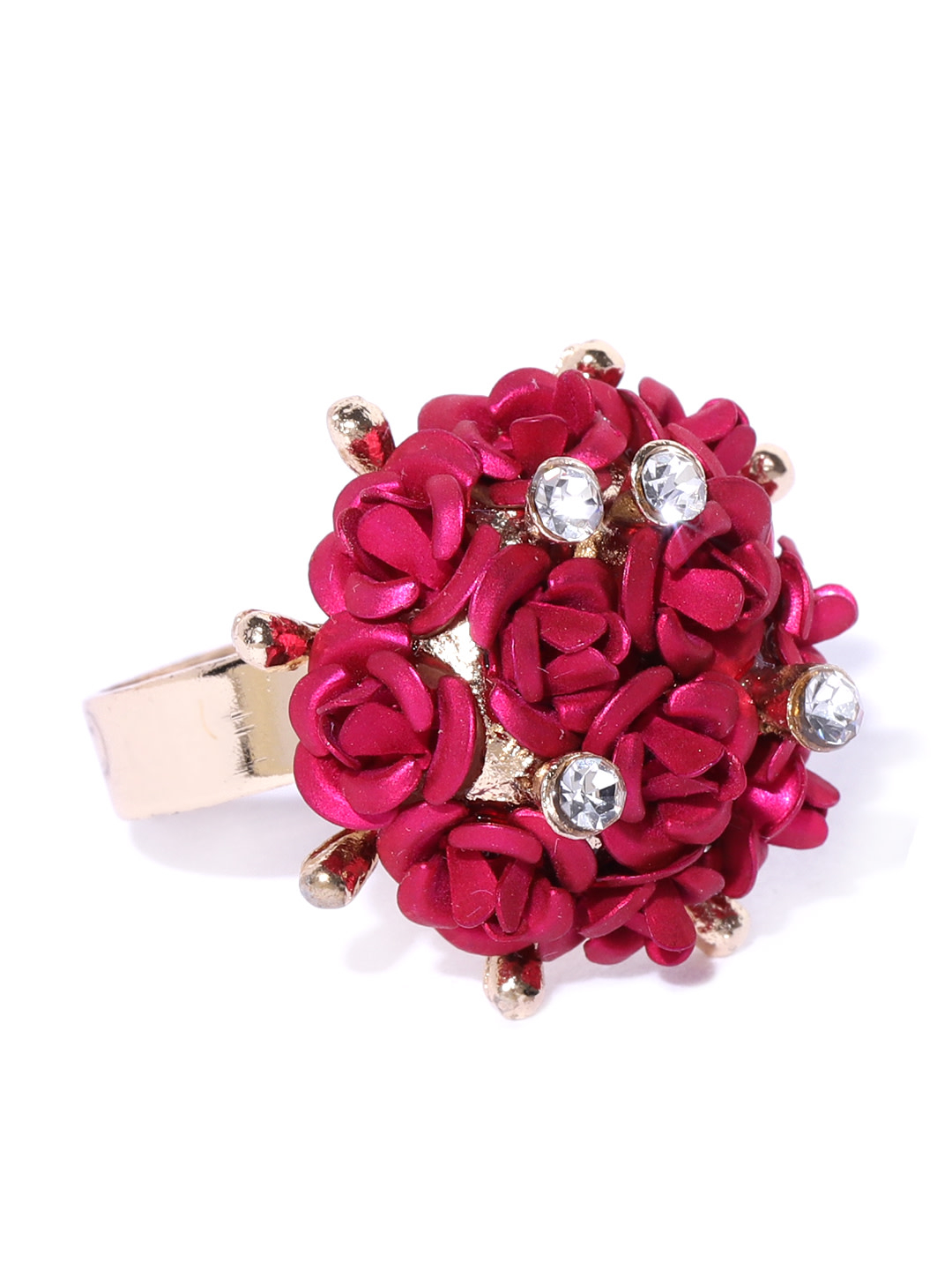 YouBella Magenta Gold-Plated Stone-Studded Floral Adjustable Finger Ring