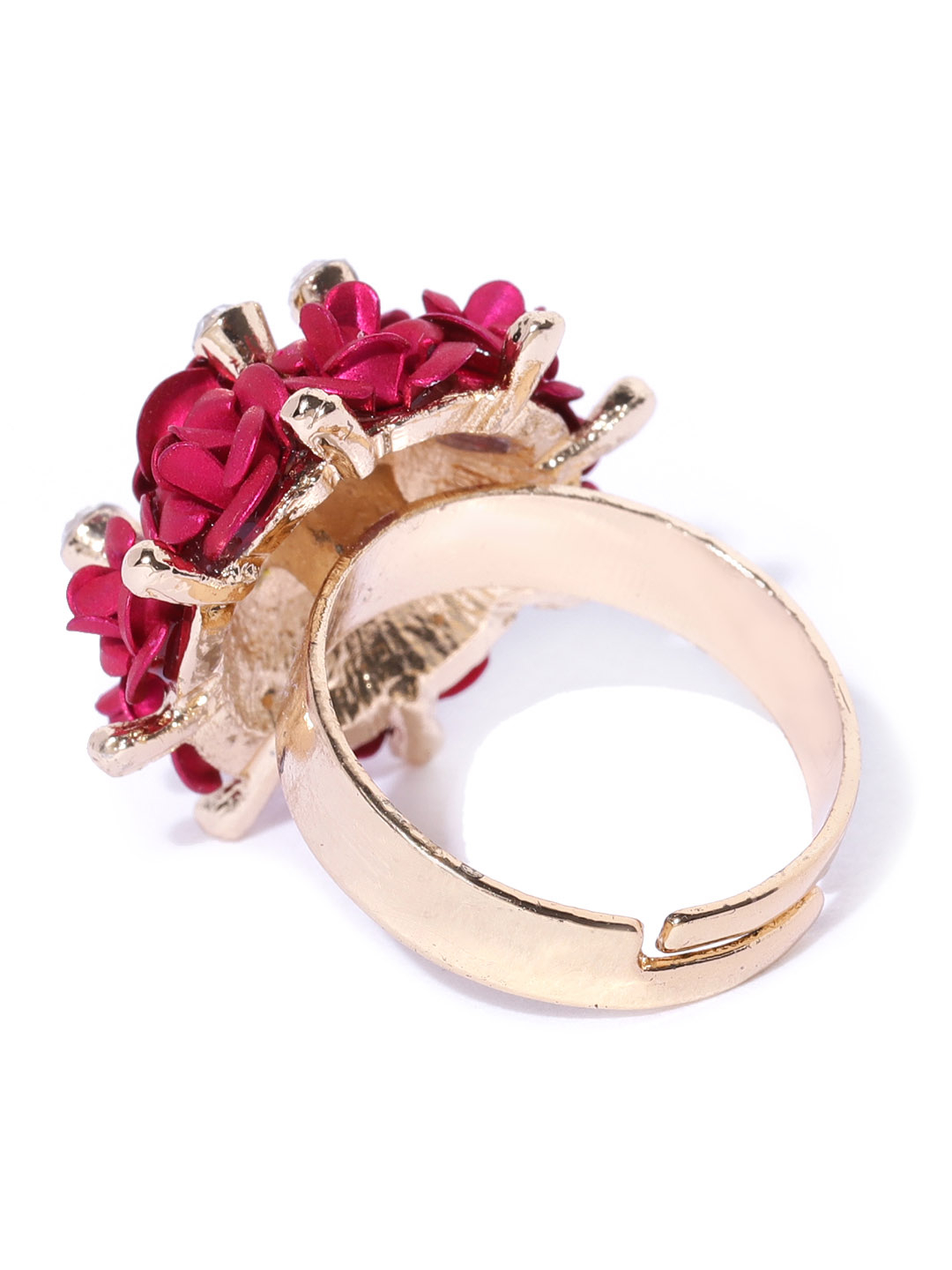 YouBella Magenta Gold-Plated Stone-Studded Floral Adjustable Finger Ring
