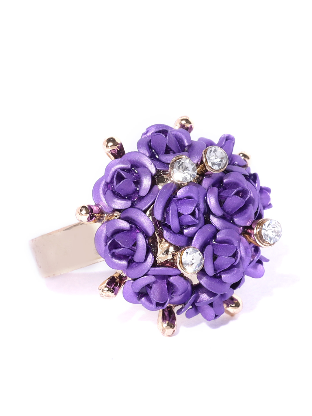 YouBella Purple Gold-Plated Stone-Studded Floral Adjustable Finger Ring