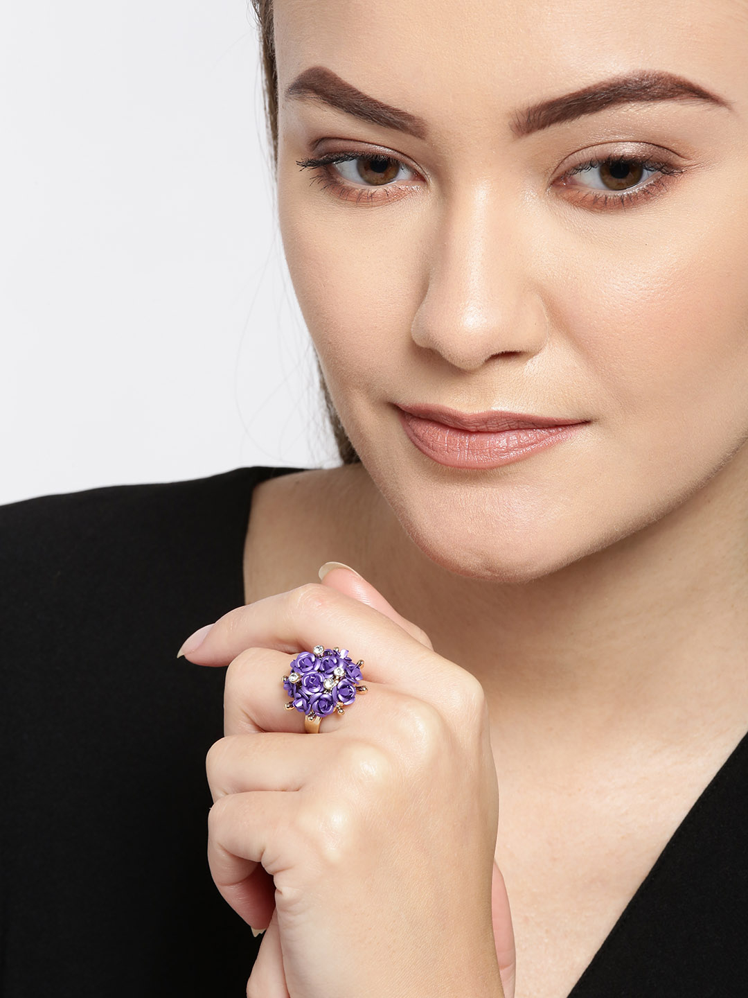 YouBella Purple Gold-Plated Stone-Studded Floral Adjustable Finger Ring