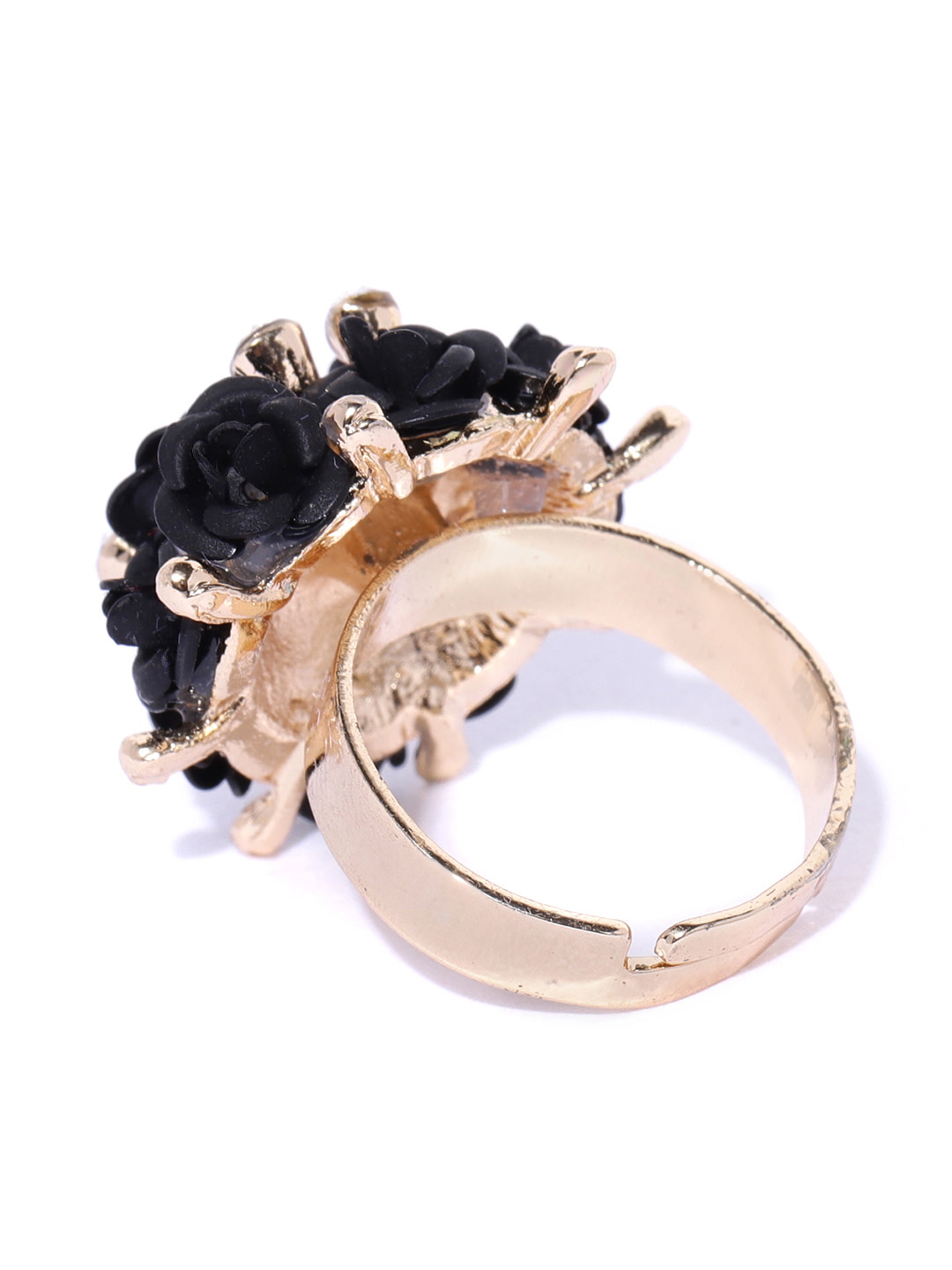 YouBella Black Gold-Plated Stone-Studded Floral Adjustable Finger Ring