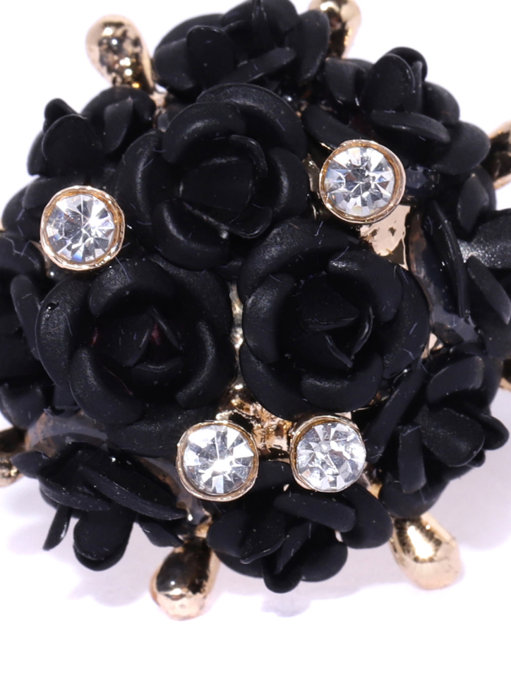 YouBella Black Gold-Plated Stone-Studded Floral Adjustable Finger Ring