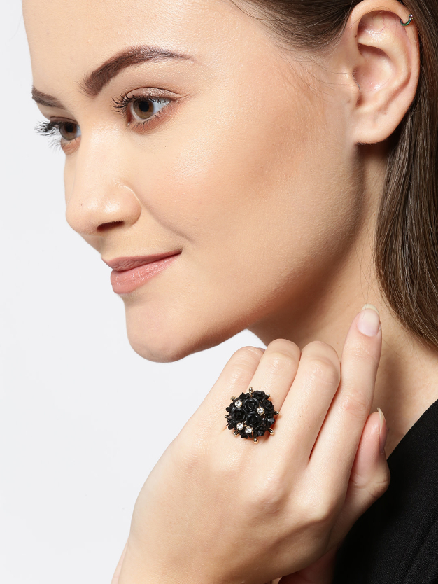 YouBella Black Gold-Plated Stone-Studded Floral Adjustable Finger Ring