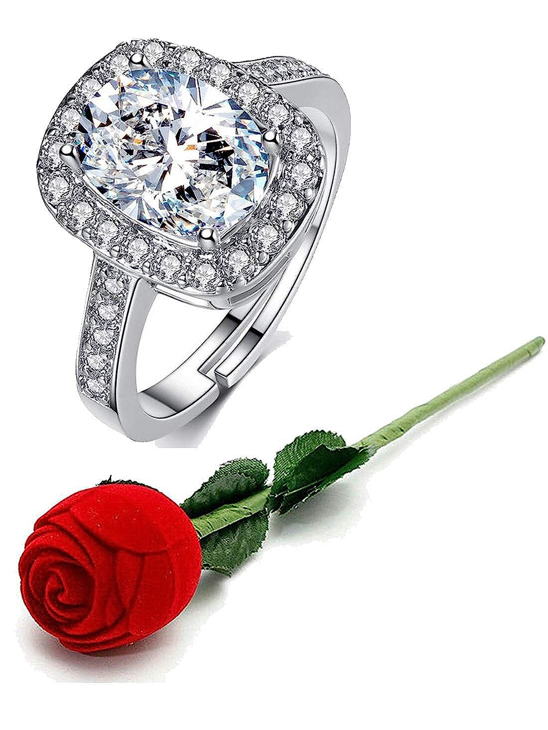 YouBella Valentine Gifts Rose Box with Crystal Ring Silver Plated Ring for Men (Silver and Red) (YBRG_20082)