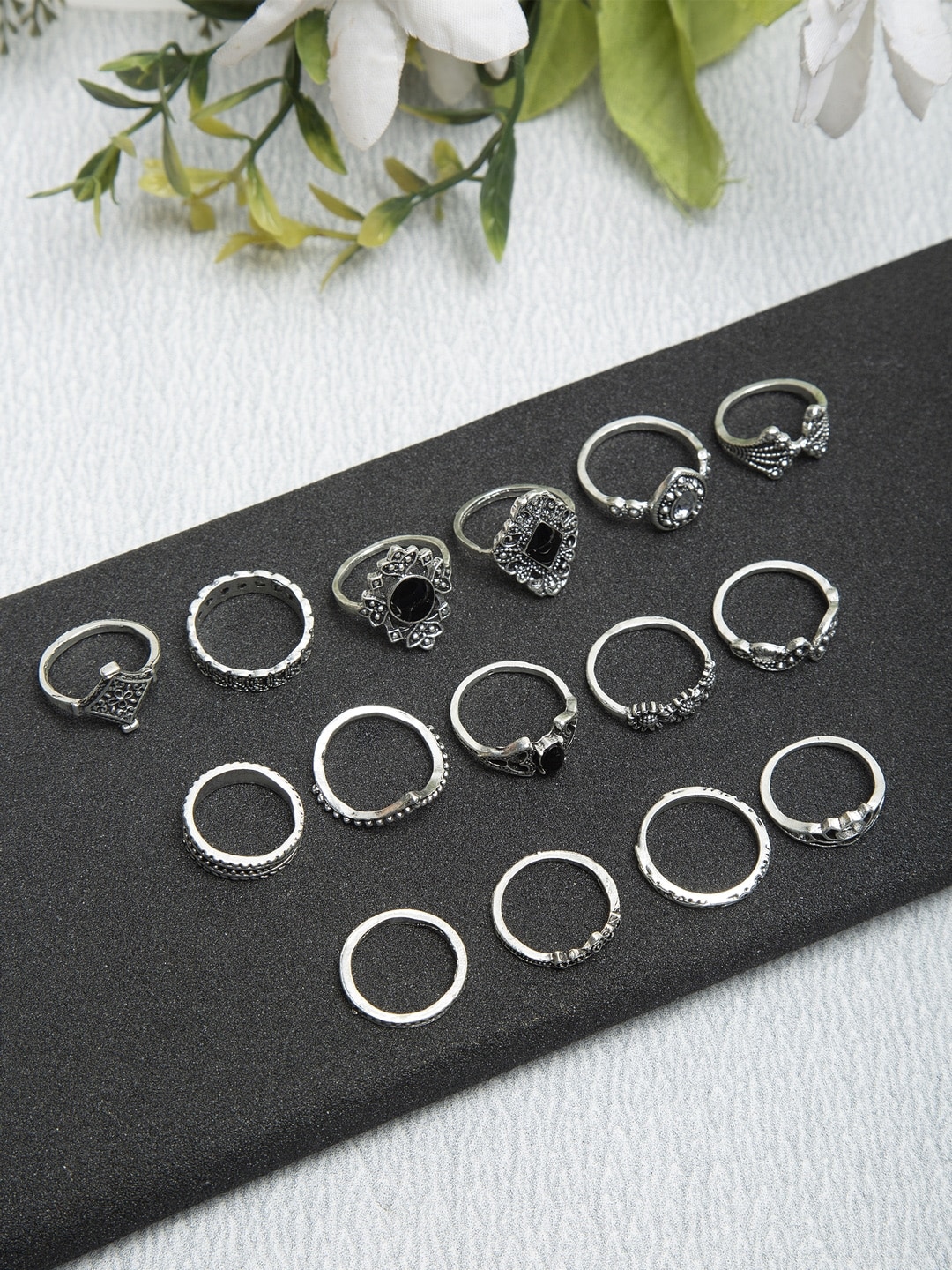 YouBella Oxidised Combo of 15 Boho Silver Plated Rings for Girls and Women (YBRG_20111A) (Silver)