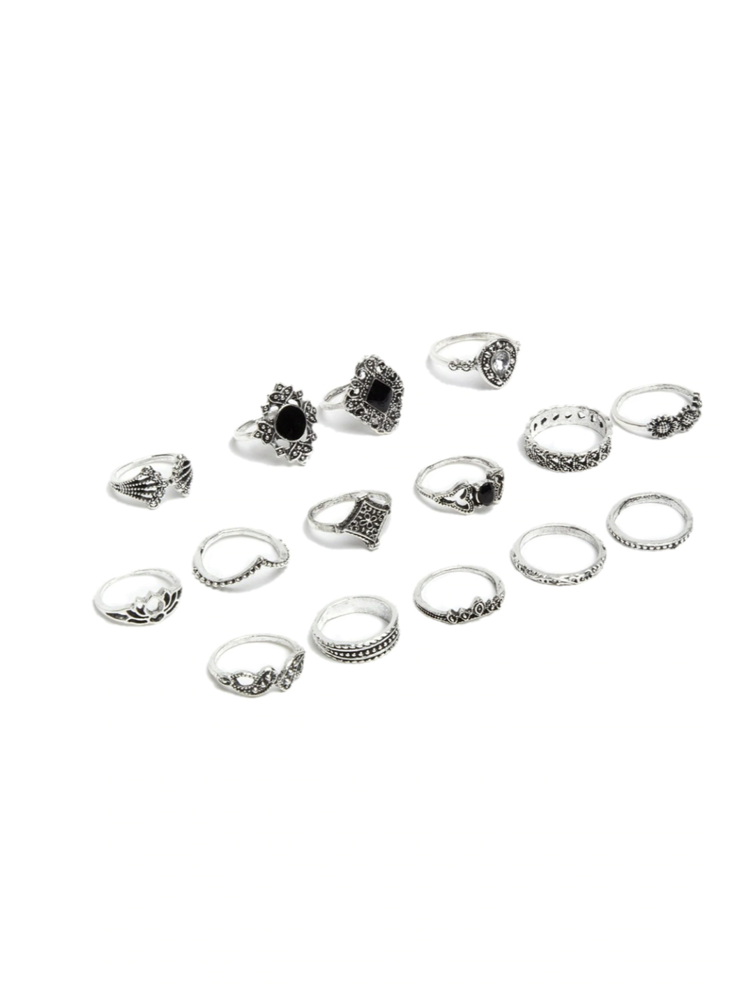 YouBella Oxidised Combo of 15 Boho Silver Plated Rings for Girls and Women (YBRG_20111A) (Silver)