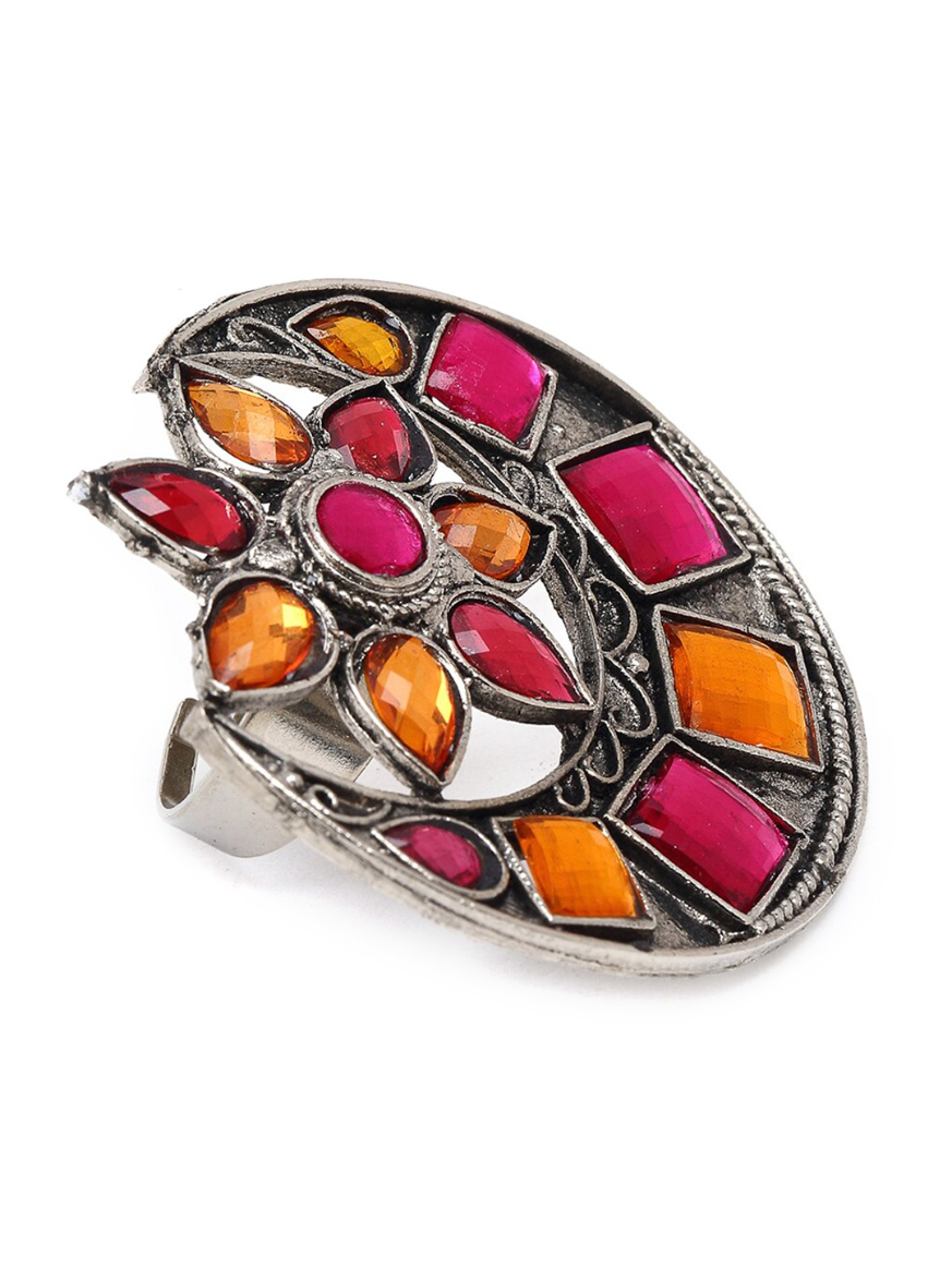 YouBella
Silver-Plated Pink & Yellow Stone-Studded Afgan Adjustable Finger Ring