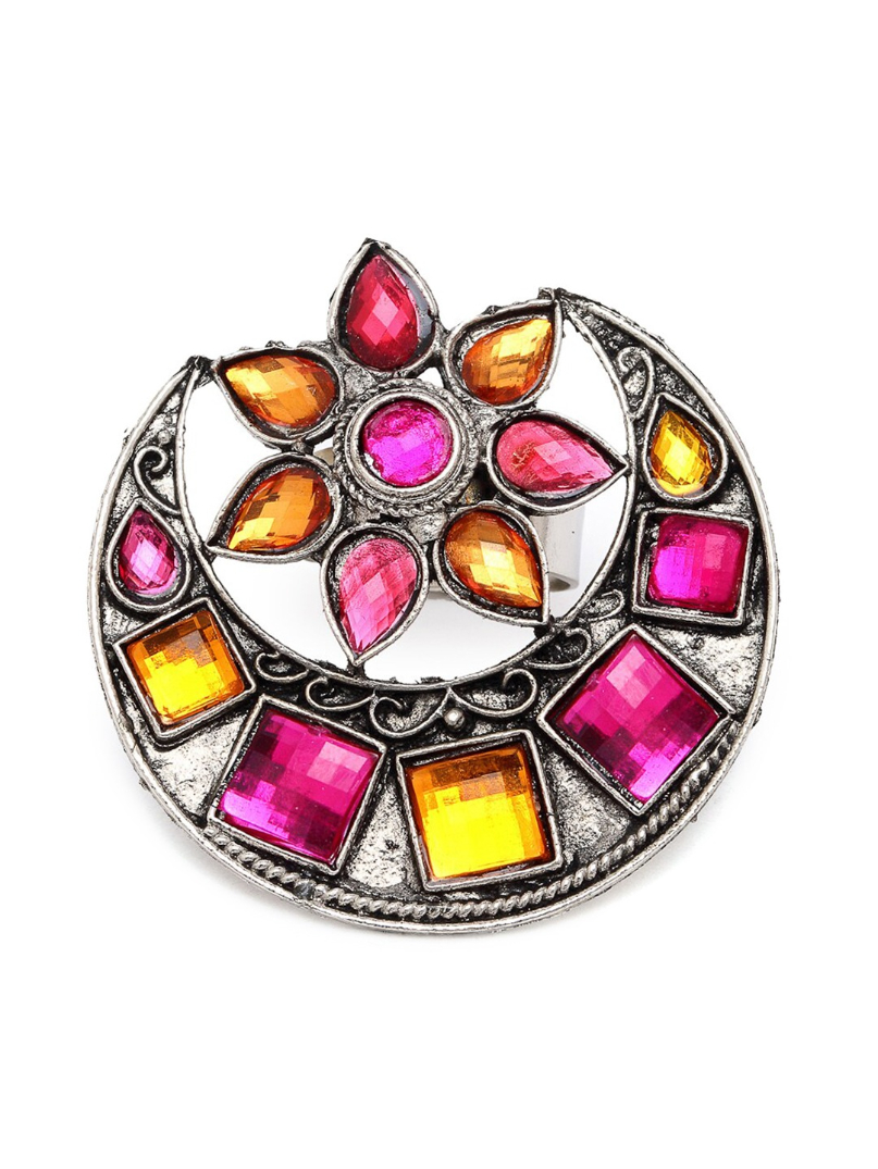 YouBella
Silver-Plated Pink & Yellow Stone-Studded Afgan Adjustable Finger Ring