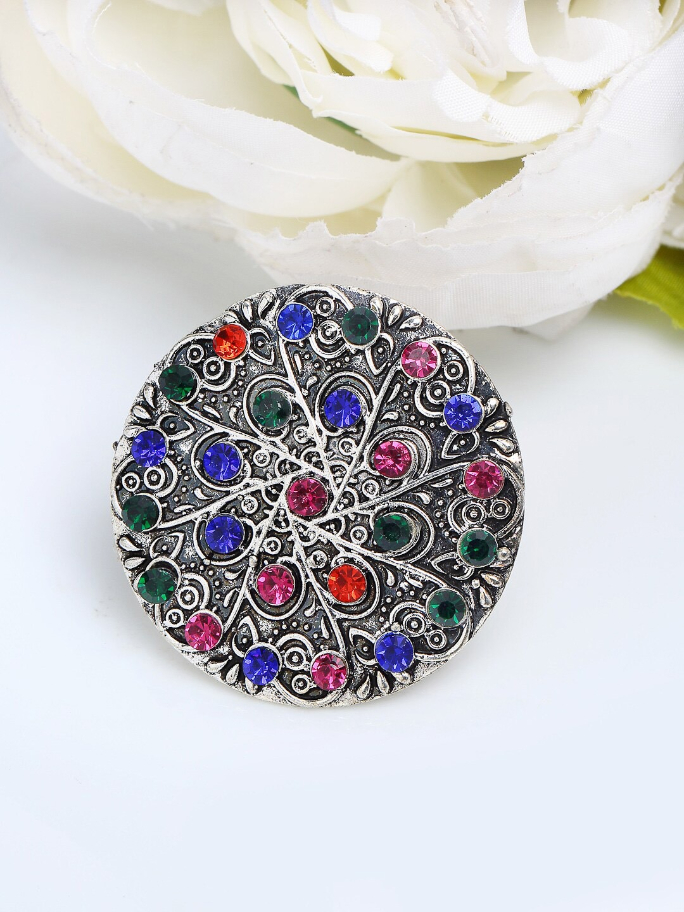 YouBella
Silver-Plated Blue & Orange Stone-Studded Afgan Adjustable Finger Ring