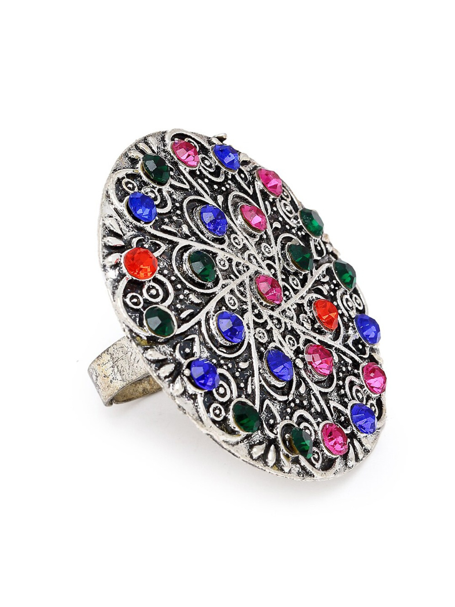 YouBella
Silver-Plated Blue & Orange Stone-Studded Afgan Adjustable Finger Ring