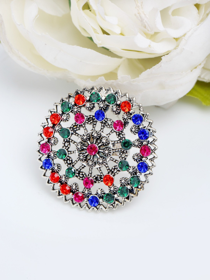 YouBella Silver-Plated Green  Orange Stone-Studded Adjustable Finger Ring