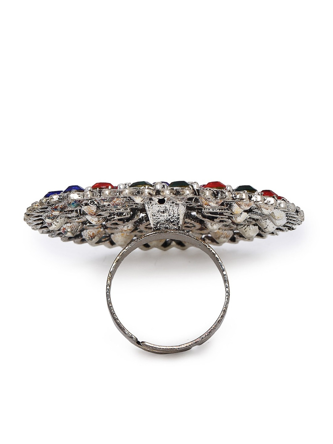 YouBella Silver-Plated Green  Orange Stone-Studded Adjustable Finger Ring