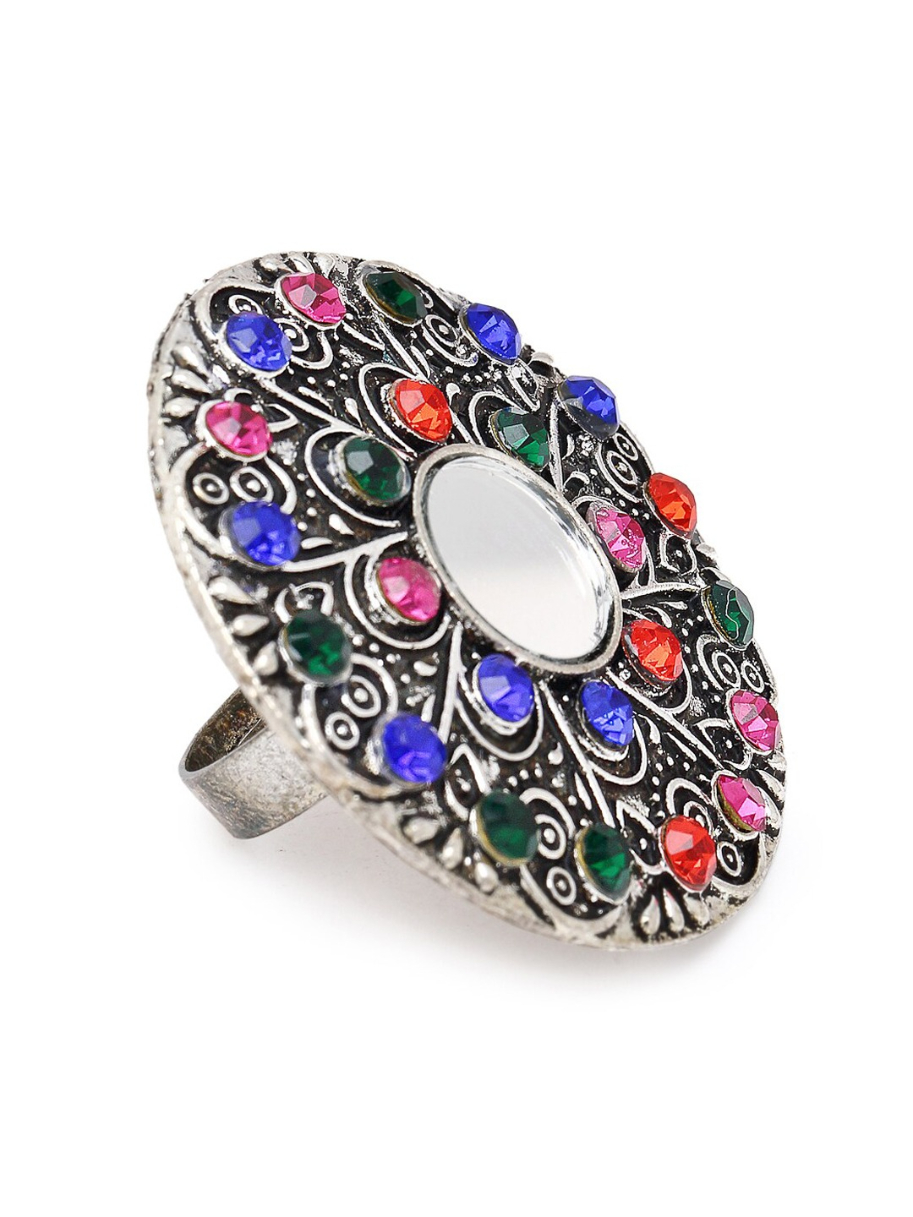 YouBella
Silver-Plated Blue & Orange Stone-Studded Afgan Adjustable Finger Ring