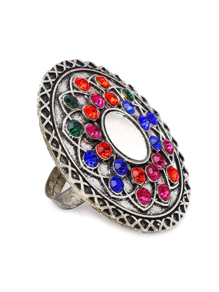 YouBella Silver-Plated Blue  Orange Stone-Studded Afgan Adjustable Finger Ring