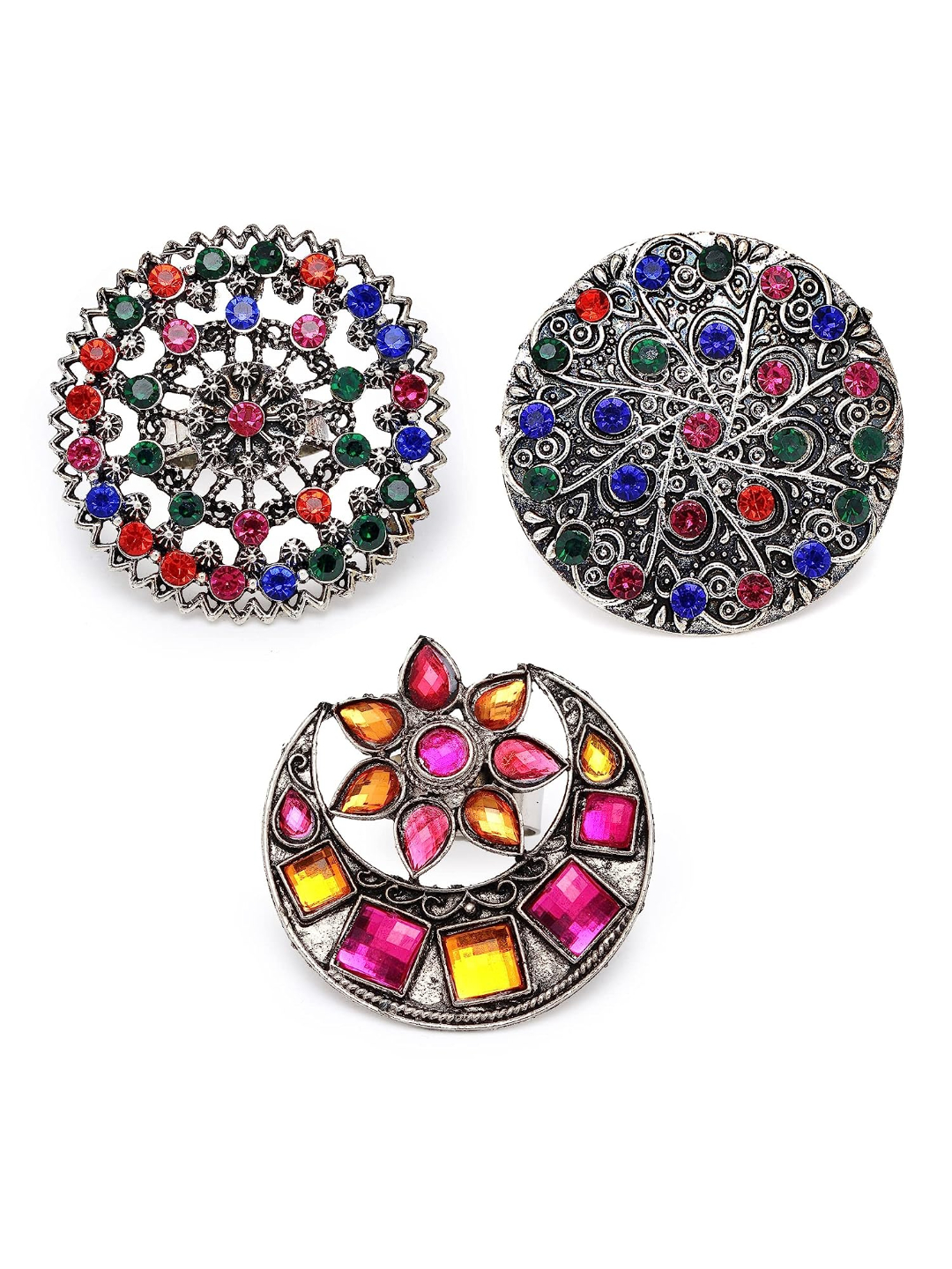 YouBella Jewellery Oxidised Silver Afghani Combo of 3 Rings for Girls and Women (Multi-Color) (YBRG_20157)