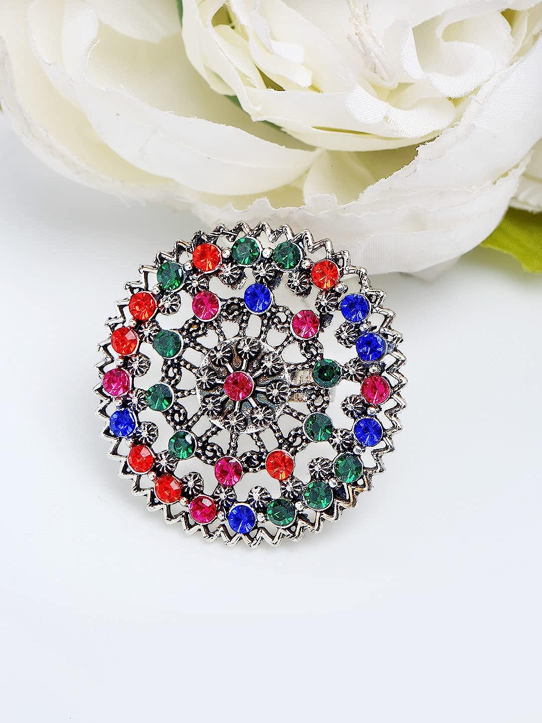 YouBella Jewellery Oxidised Silver Afghani Combo of 3 Rings for Girls and Women (Multi-Color) (YBRG_20157)