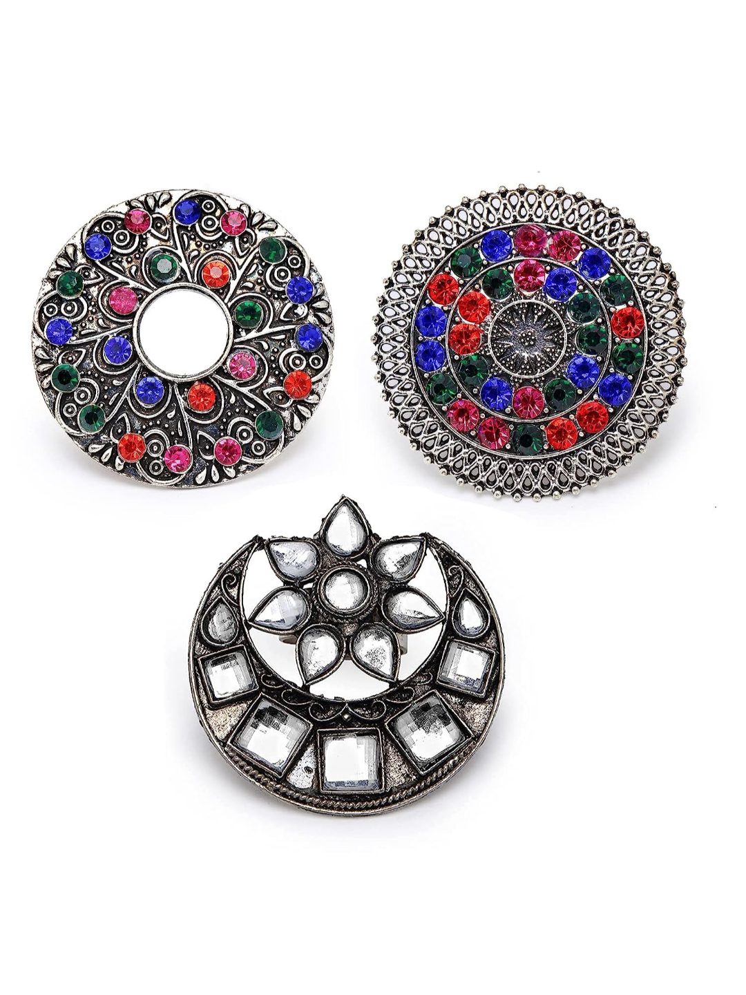 YouBella Jewellery Oxidised Silver Afghani Combo of 3 Rings for Girls and Women (Multi-Color) (YBRG_20158)
