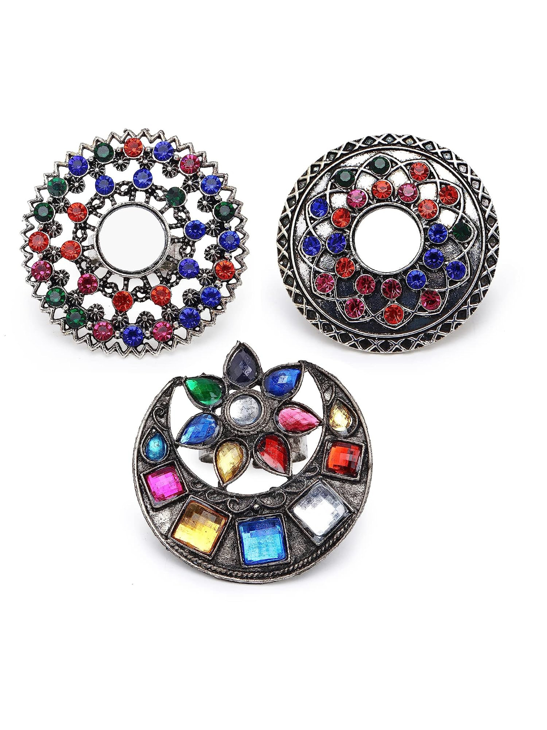 YouBella Jewellery Oxidised Silver Afghani Combo of 3 Rings for Girls and Women (Multi-Color) (YBRG_20159)