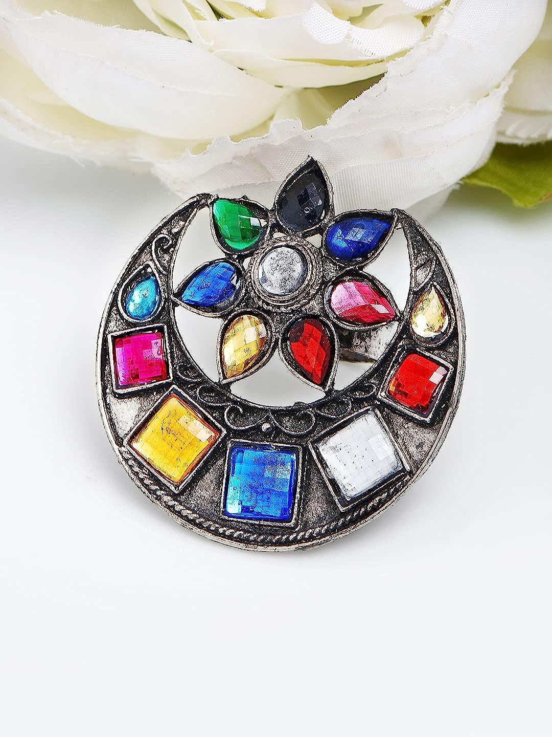 YouBella Jewellery Oxidised Silver Afghani Combo of 3 Rings for Girls and Women (Multi-Color) (YBRG_20159)