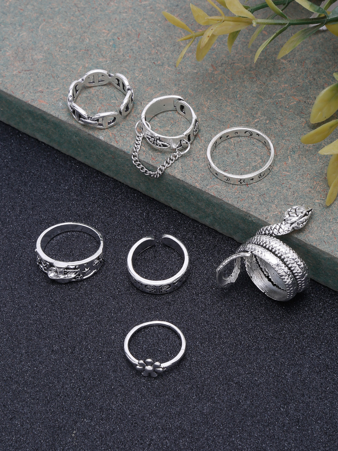 YouBella Jewellery Oxidised Tribal Afghani Combo of 7 Adjustable Rings for Girls and Women (Silver) (YBRG_20254)
