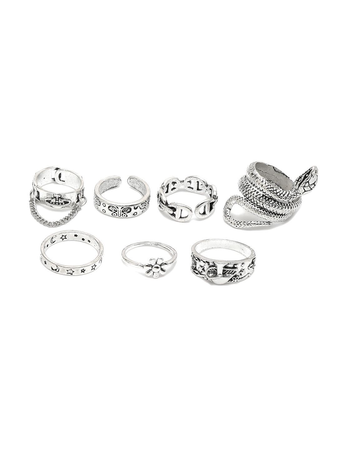 YouBella Jewellery Oxidised Tribal Afghani Combo of 7 Adjustable Rings for Girls and Women (Silver) (YBRG_20254)
