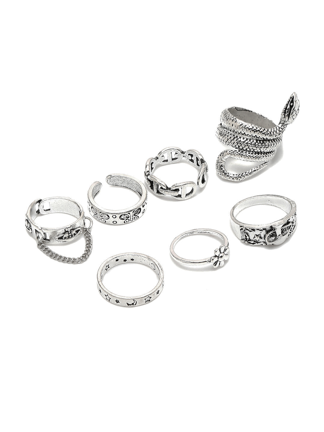 YouBella Jewellery Oxidised Tribal Afghani Combo of 7 Adjustable Rings for Girls and Women (Silver) (YBRG_20254)