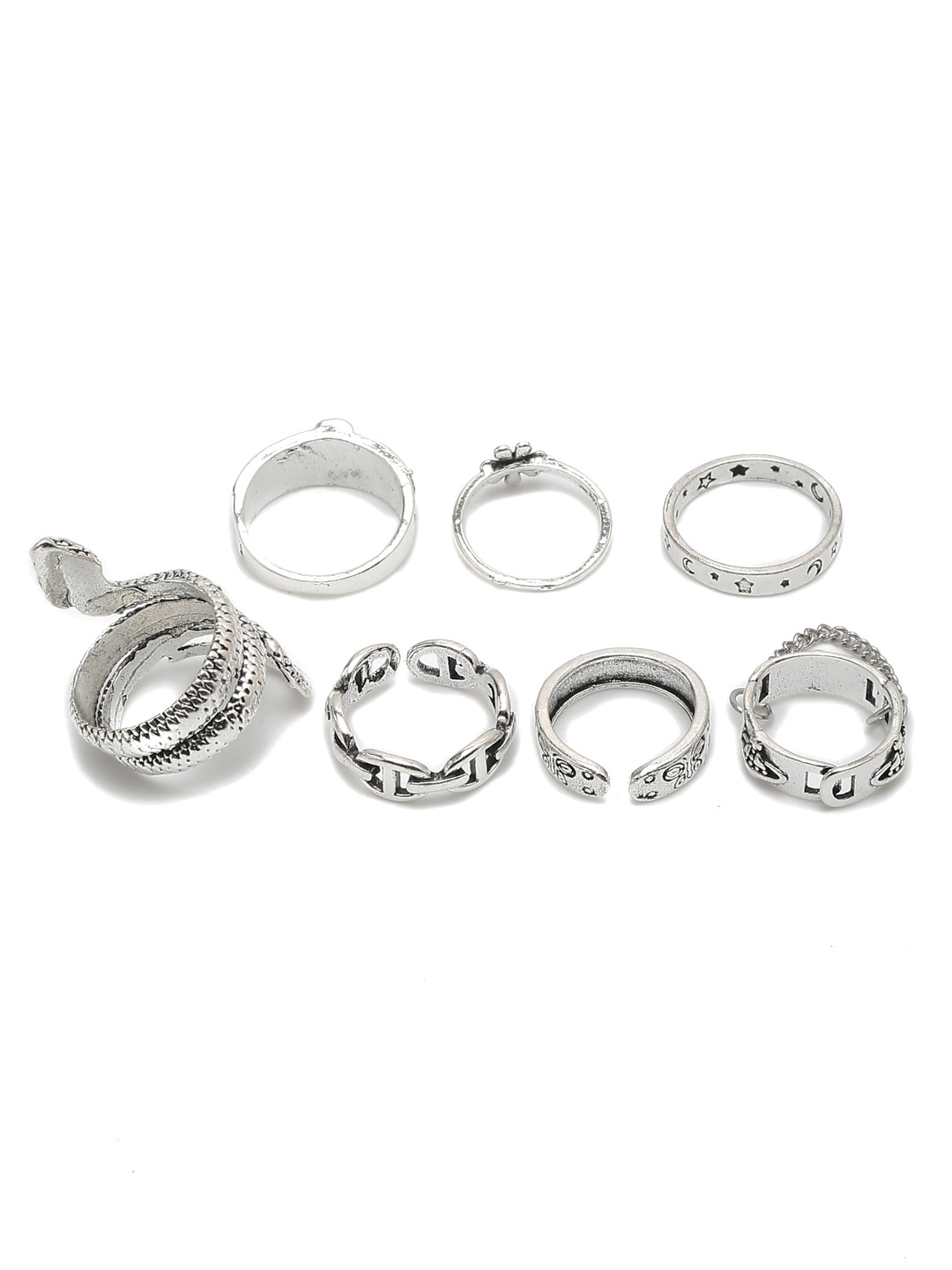 YouBella Jewellery Oxidised Tribal Afghani Combo of 7 Adjustable Rings for Girls and Women (Silver) (YBRG_20254)