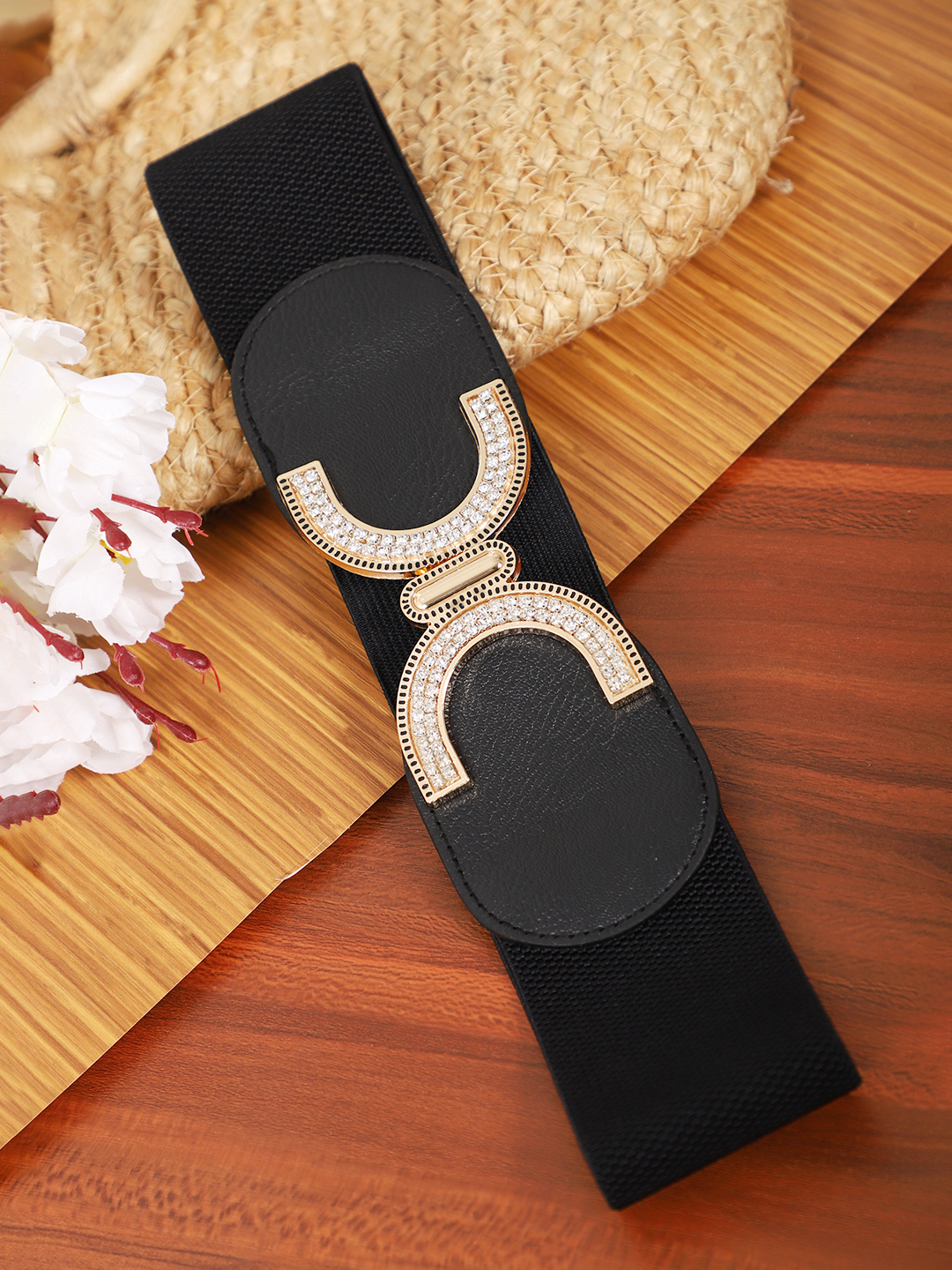 YouBella Women Fashion Jewellery Gold-Toned Stretchable Black Waist Belt With Black leather  for Women and Girls