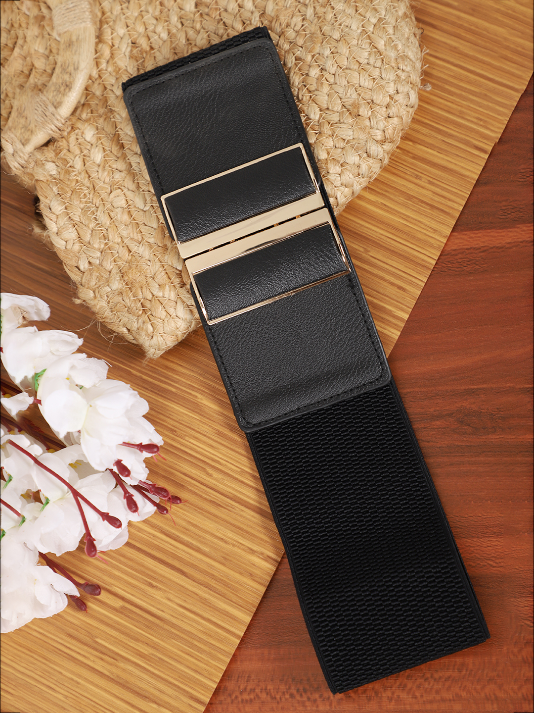 YouBella Women Fashion Jewellery Gold-Toned Stretchable Black Waist Belt With Black leather  for Women and Girls