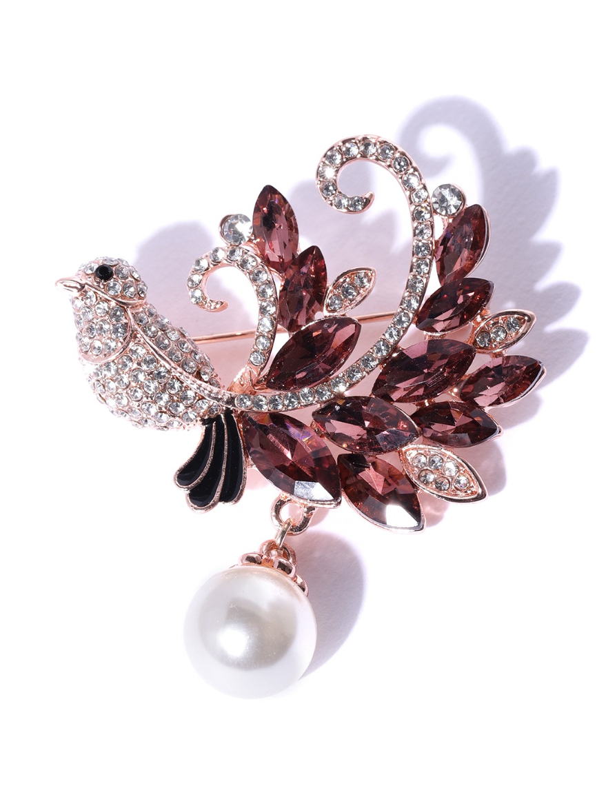 YouBella Women Brown  Rose Gold-Toned Stone-Studded  Beaded Bird Shaped Brooch