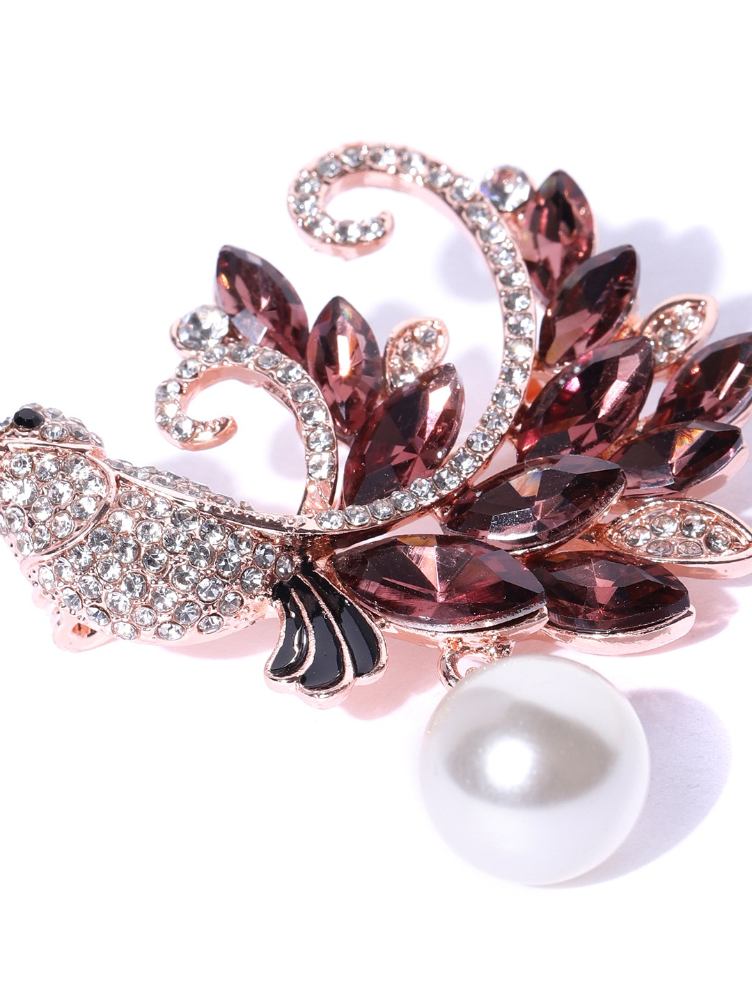 YouBella Women Brown  Rose Gold-Toned Stone-Studded  Beaded Bird Shaped Brooch