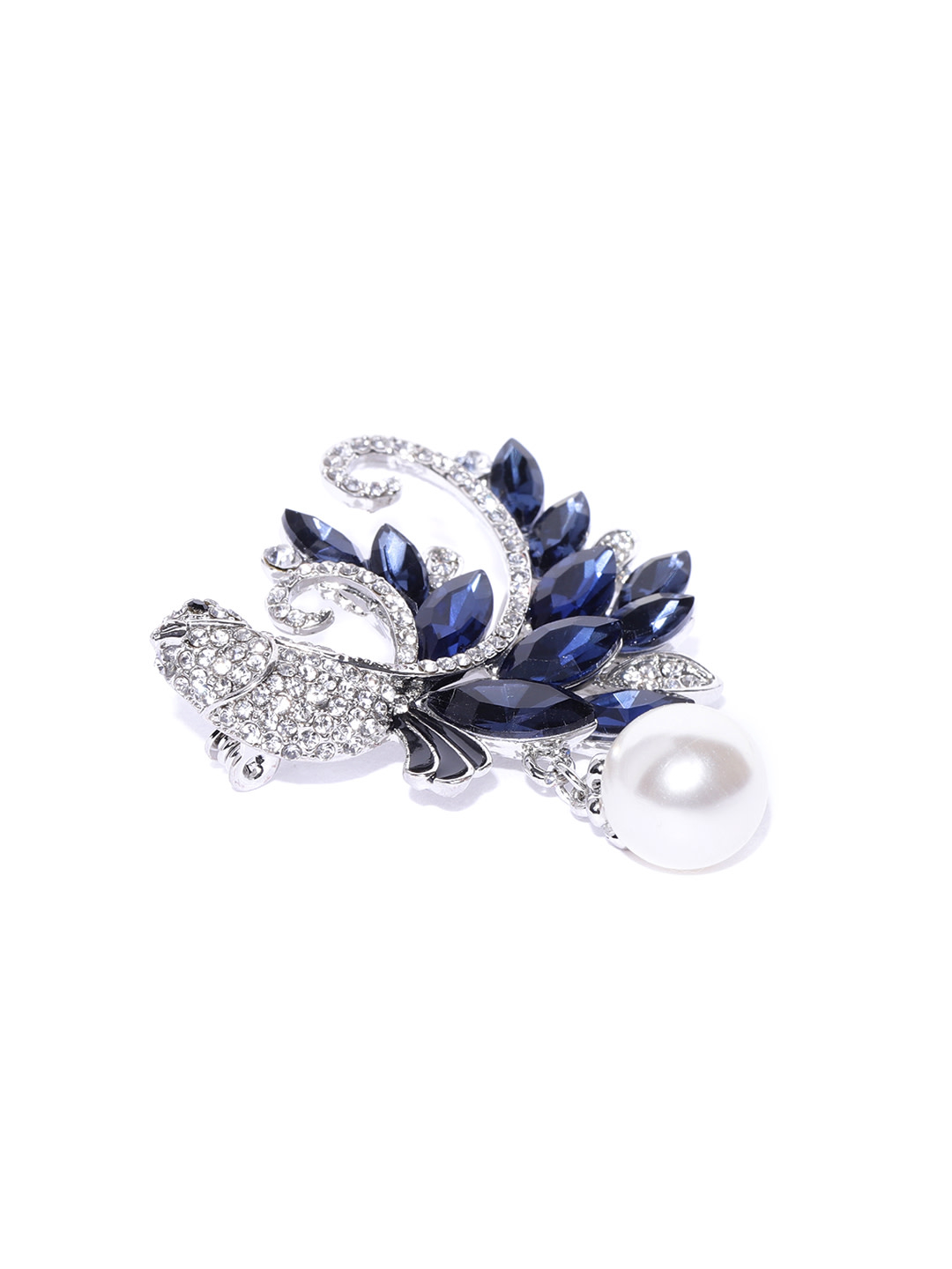 YouBella Women Navy Blue  Silver-Toned Stone-Studded  Beaded Bird Shaped Brooch