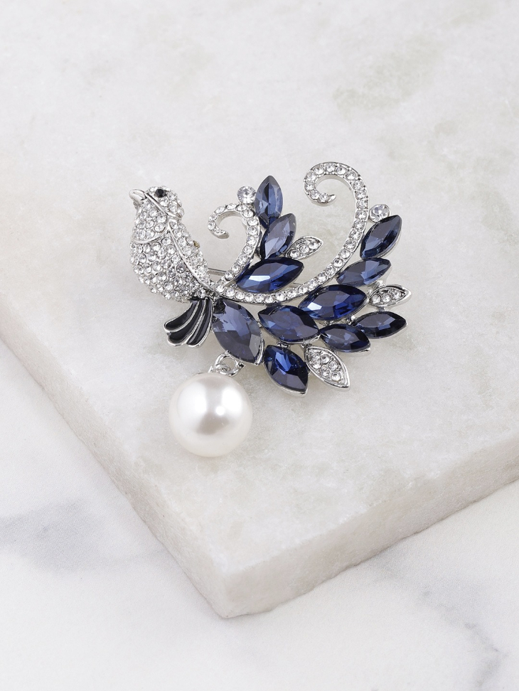 YouBella Women Navy Blue  Silver-Toned Stone-Studded  Beaded Bird Shaped Brooch
