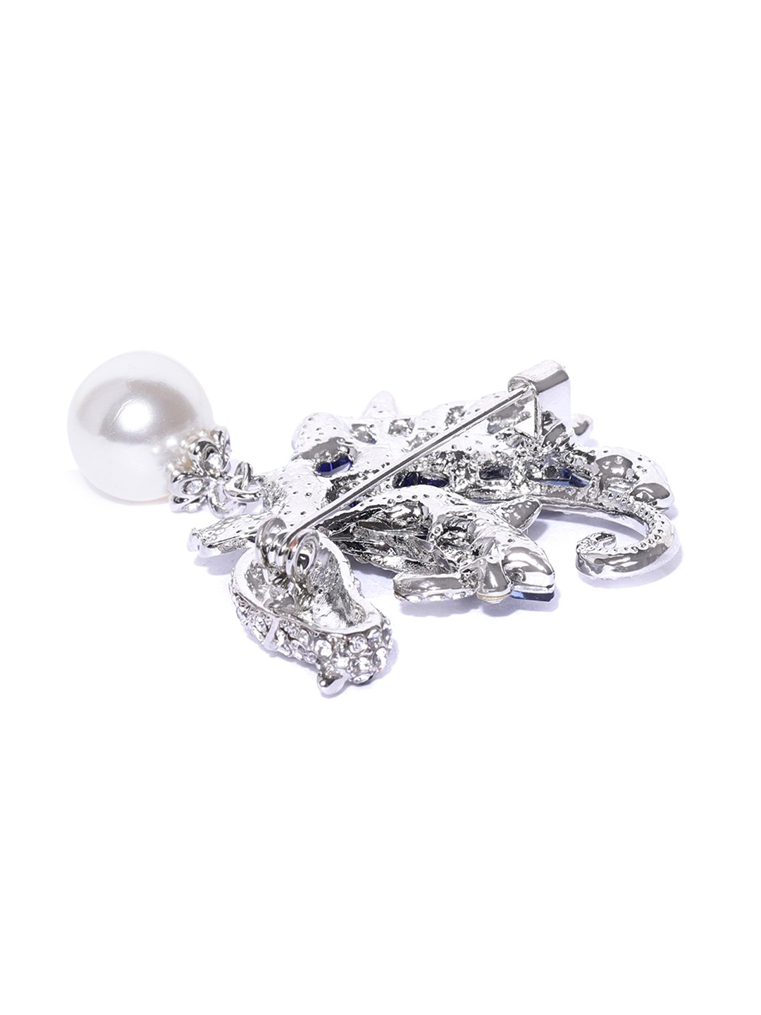 YouBella Women Navy Blue  Silver-Toned Stone-Studded  Beaded Bird Shaped Brooch