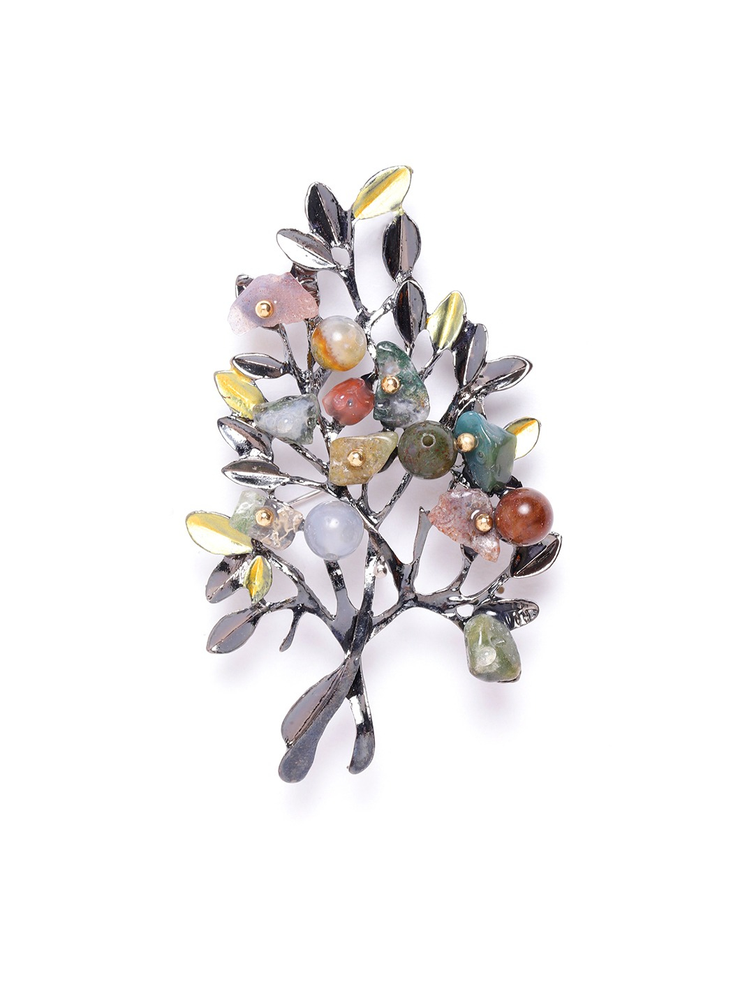 YouBella Women Green Gunmetal-Toned Stone Studded  Beaded Branch Shaped Statement Brooch