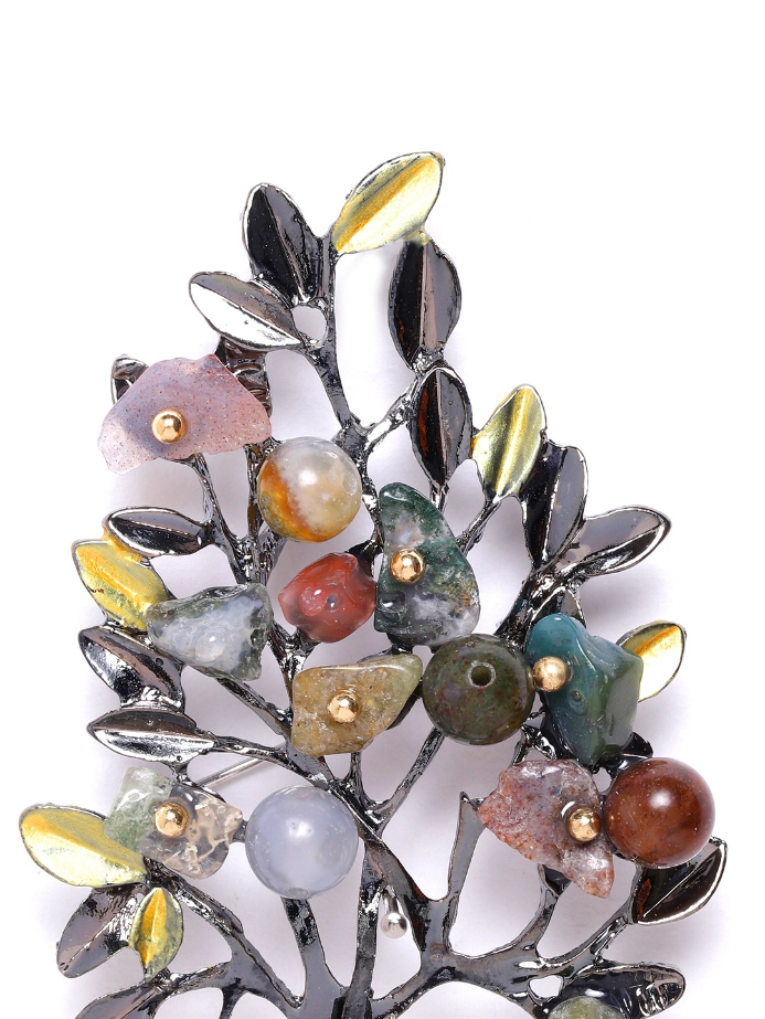 YouBella Women Green Gunmetal-Toned Stone Studded  Beaded Branch Shaped Statement Brooch