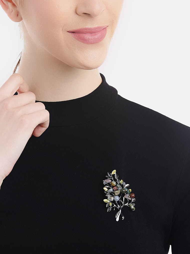 YouBella Women Green Gunmetal-Toned Stone Studded  Beaded Branch Shaped Statement Brooch
