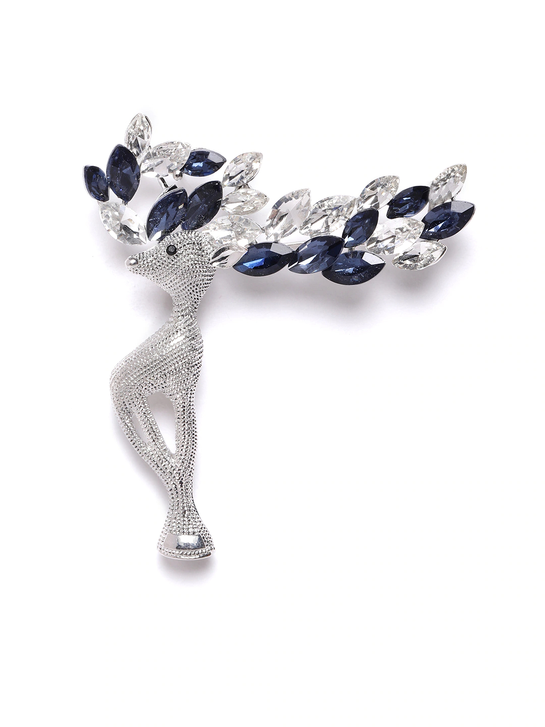 YouBella Women Silver-Toned  Navy Blue Stone Studded Reindeer Shaped Statement Brooch