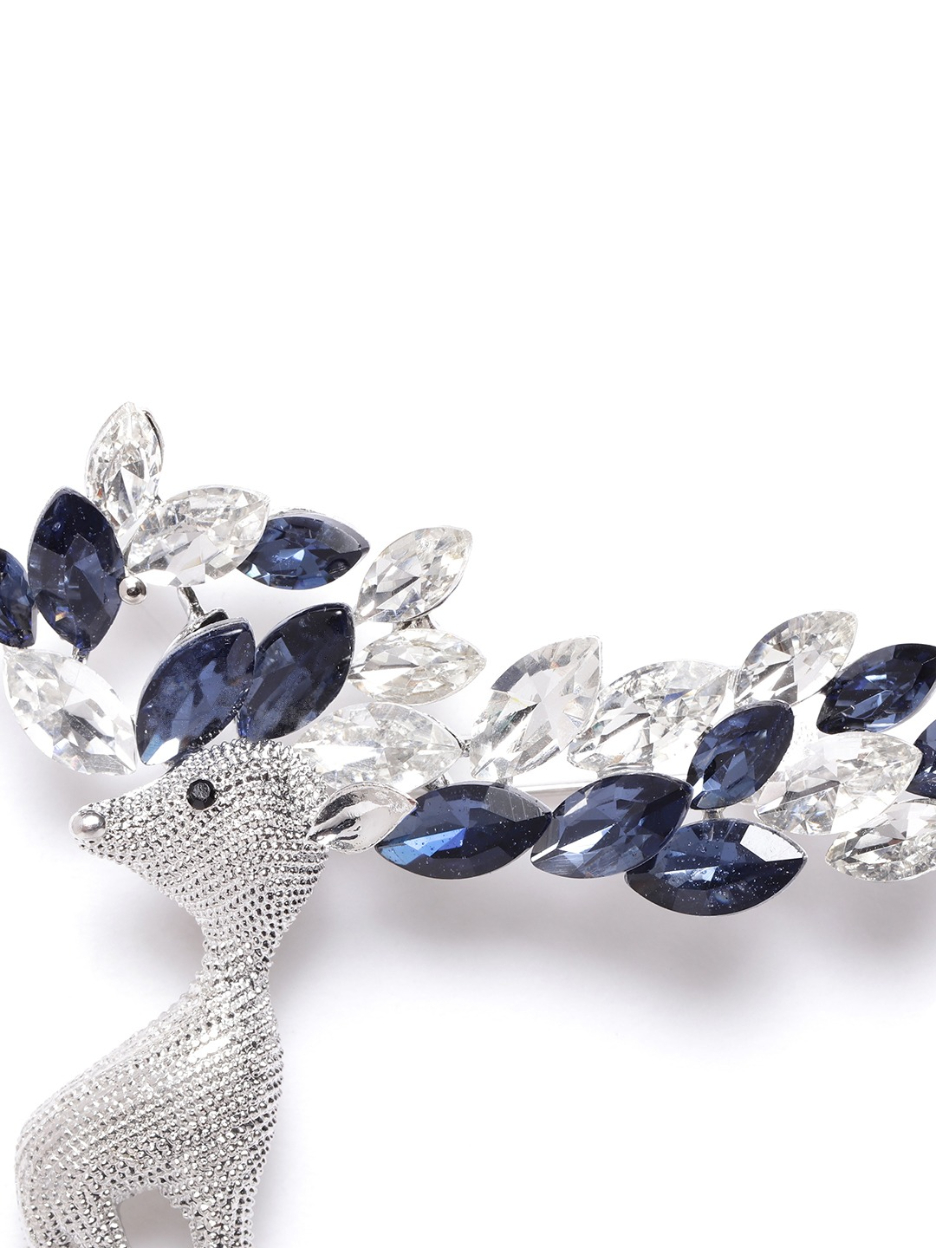 YouBella Women Silver-Toned  Navy Blue Stone Studded Reindeer Shaped Statement Brooch