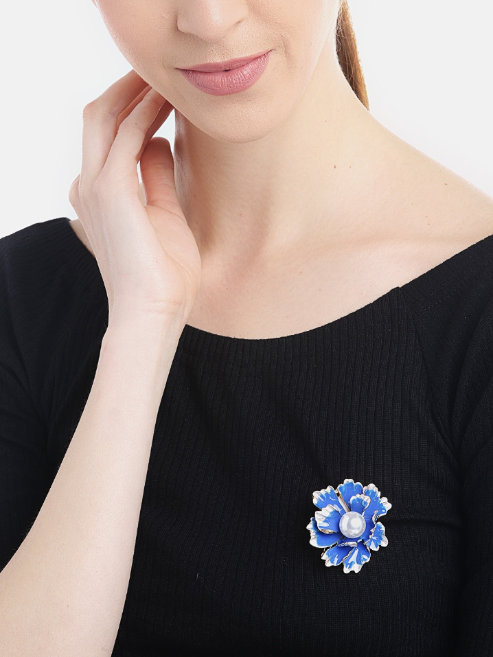 YouBella Women Blue  White Beaded Floral Statement Brooch