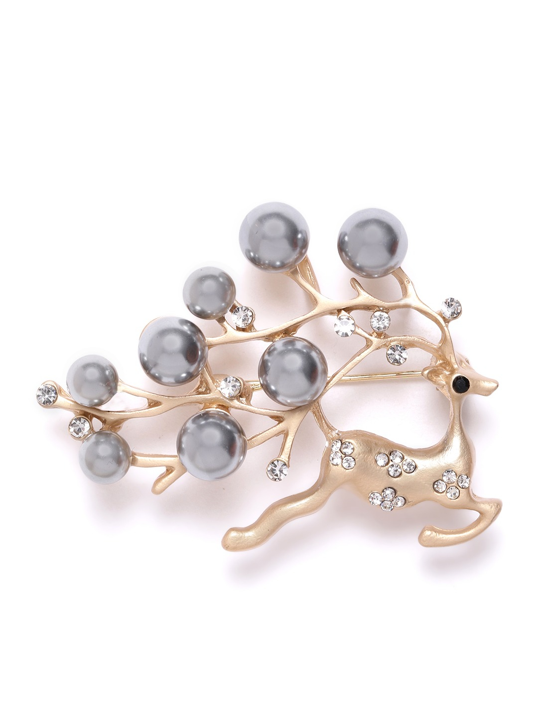 YouBella Women Silver  Gold-Toned  Stone Studded  Beaded Deer Shaped Statement Brooch