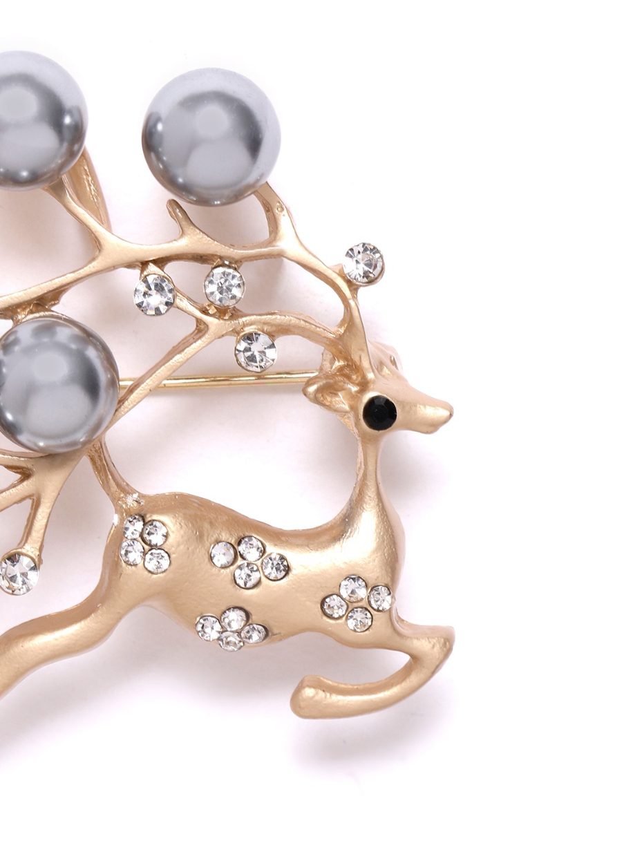 YouBella Women Silver  Gold-Toned  Stone Studded  Beaded Deer Shaped Statement Brooch