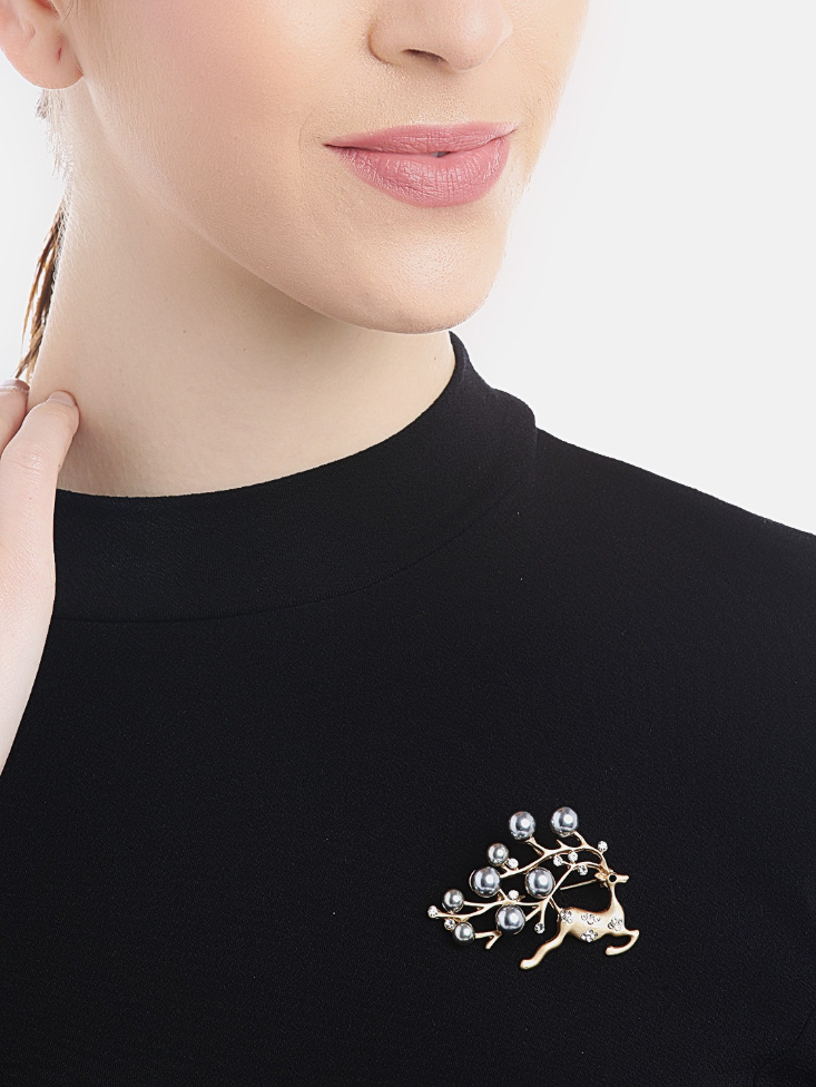 YouBella Women Silver  Gold-Toned  Stone Studded  Beaded Deer Shaped Statement Brooch