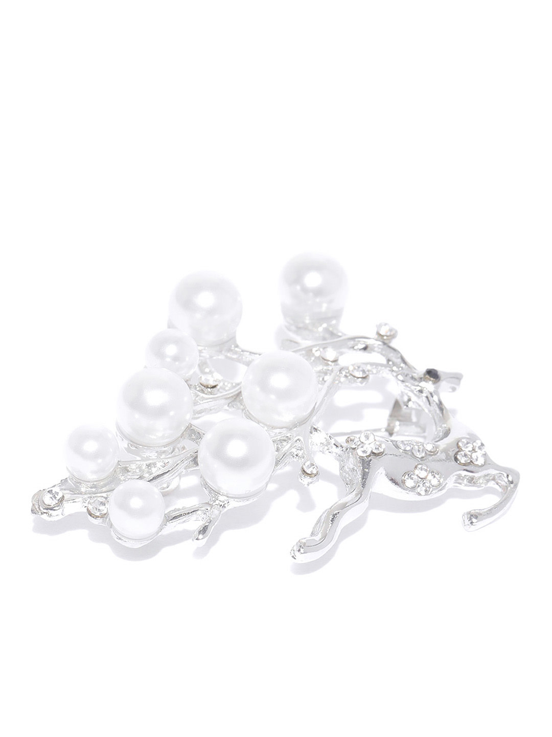 YouBella Women White  Silver-Toned Stone Studded  Beaded Reindeer Shaped Brooch