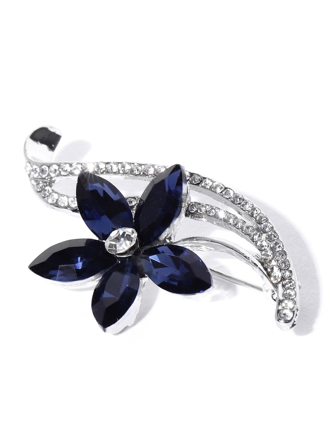 YouBella Women Navy Blue  Silver-Toned Stone-Studded Floral Brooch