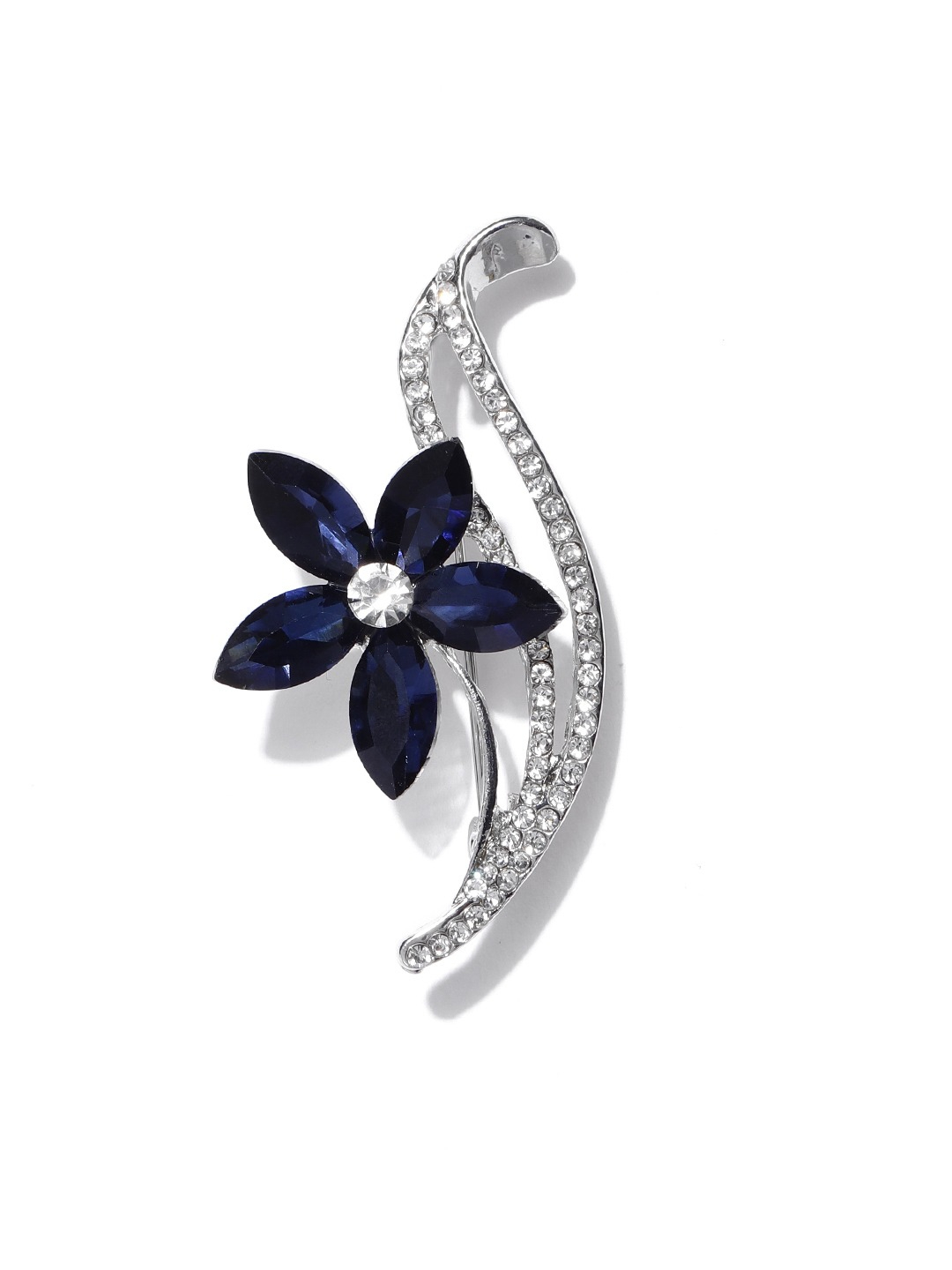 YouBella Women Navy Blue  Silver-Toned Stone-Studded Floral Brooch