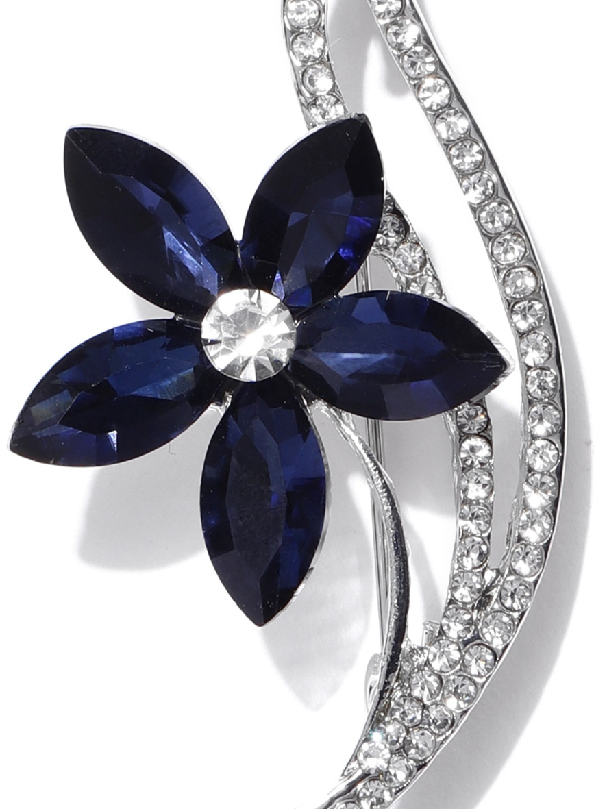 YouBella Women Navy Blue  Silver-Toned Stone-Studded Floral Brooch