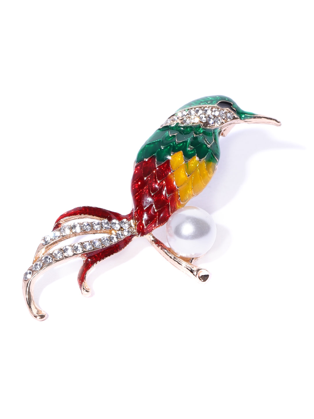 YouBella Women Green  Red Stone-Studded  Beaded Bird Shaped Brooch