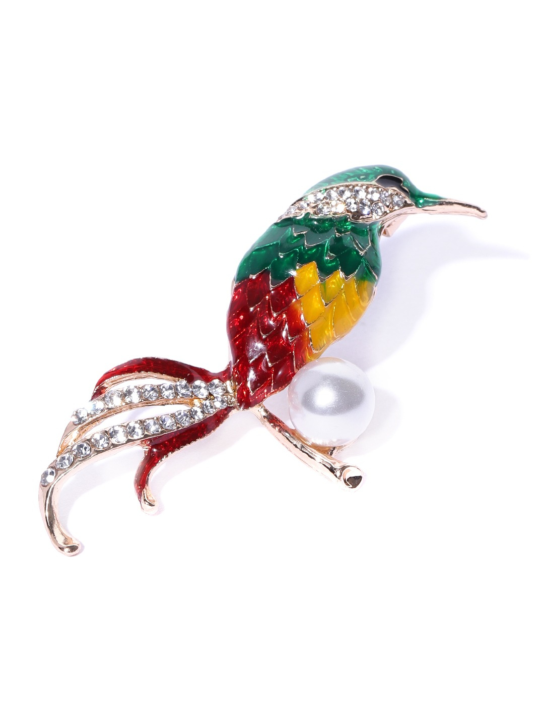YouBella Women Green  Red Stone-Studded  Beaded Bird Shaped Brooch