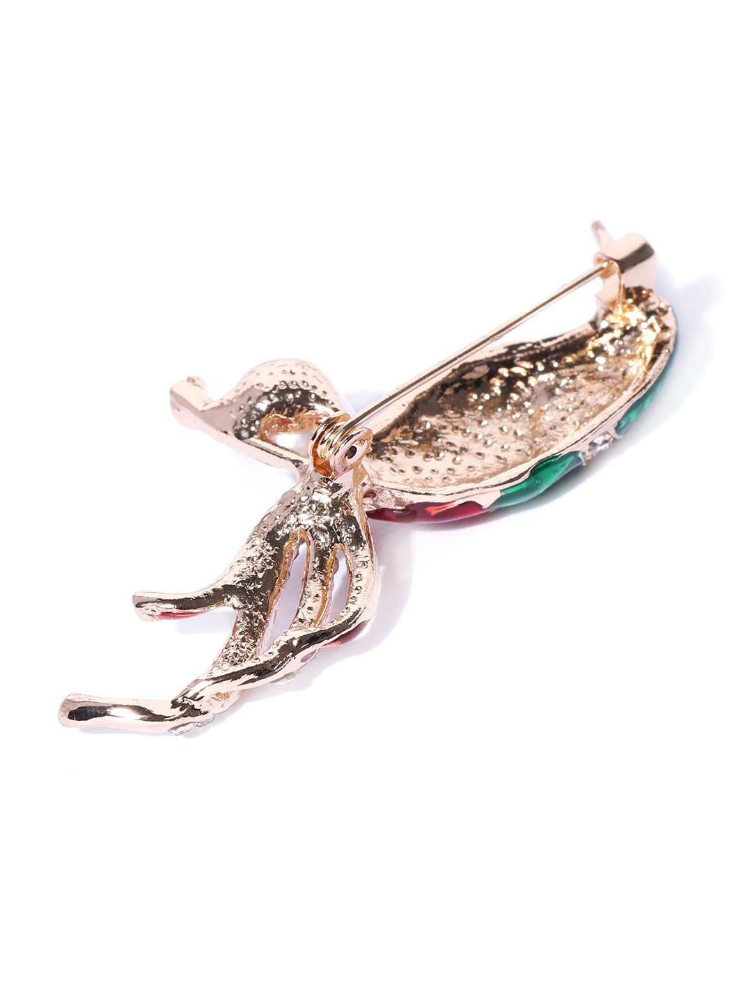 YouBella Women Green  Red Stone-Studded  Beaded Bird Shaped Brooch